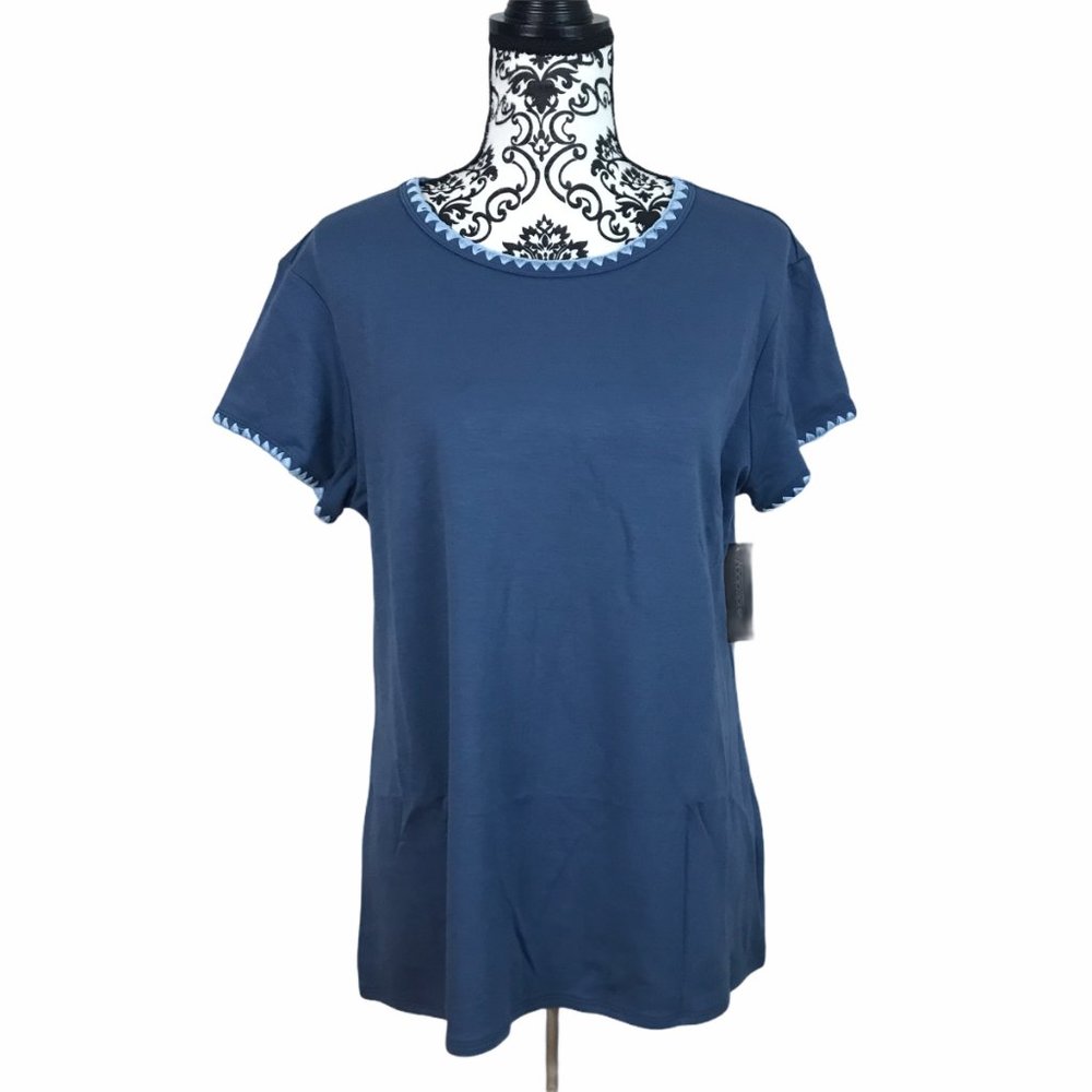 Ideology Women's Large Blue Blanket-Stitch Drop-Hem T-Shirt Athleisure Top L - Picture 3 of 9